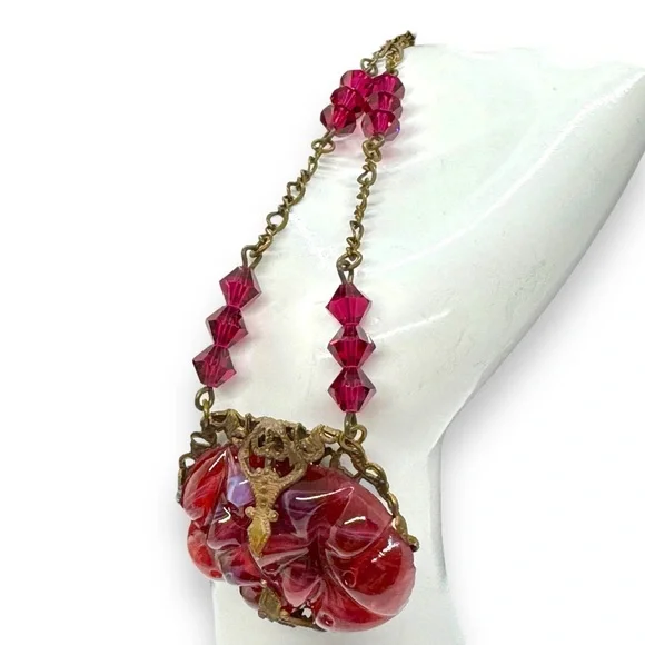 Vintage Art Deco Czech(?) Red Art Glass & Crystal Brass Necklace - Picture 7 of 12